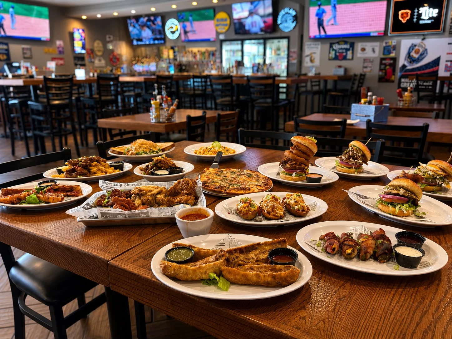 Variety of American pub food including burgers and wings