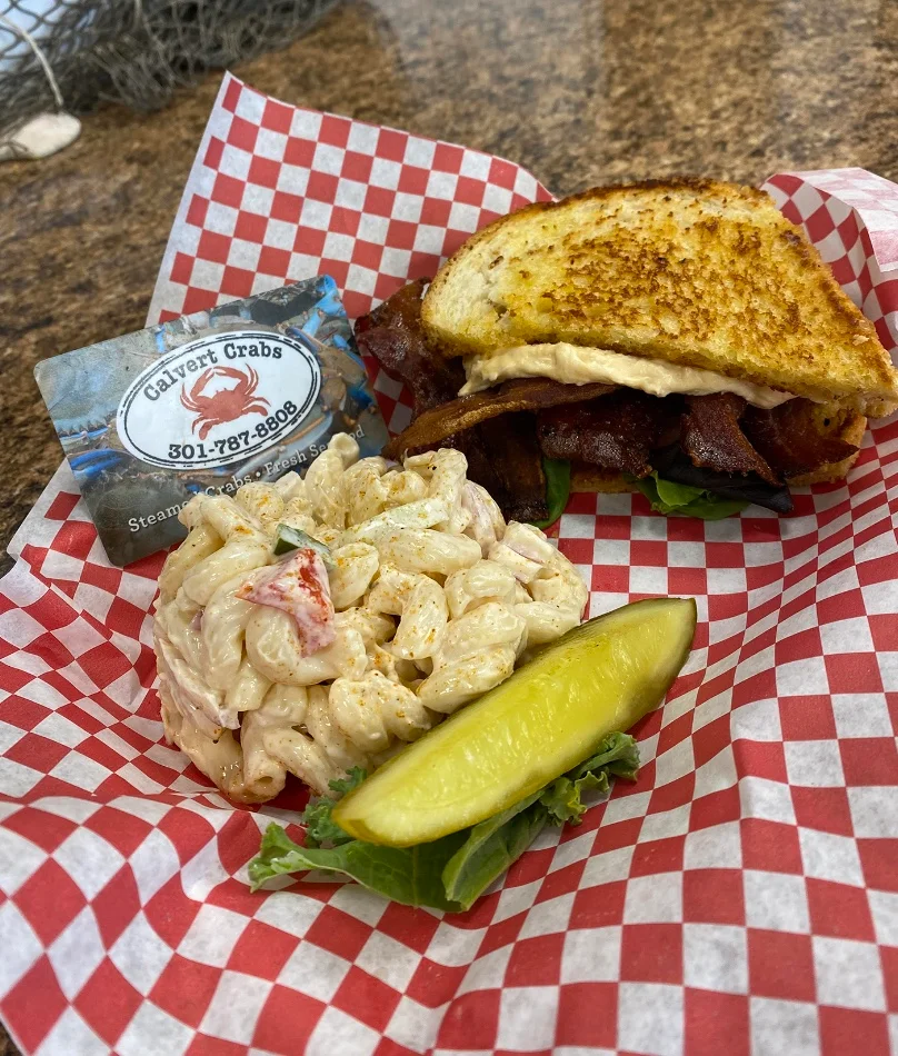 Delicious crab sandwich with macaroni salad