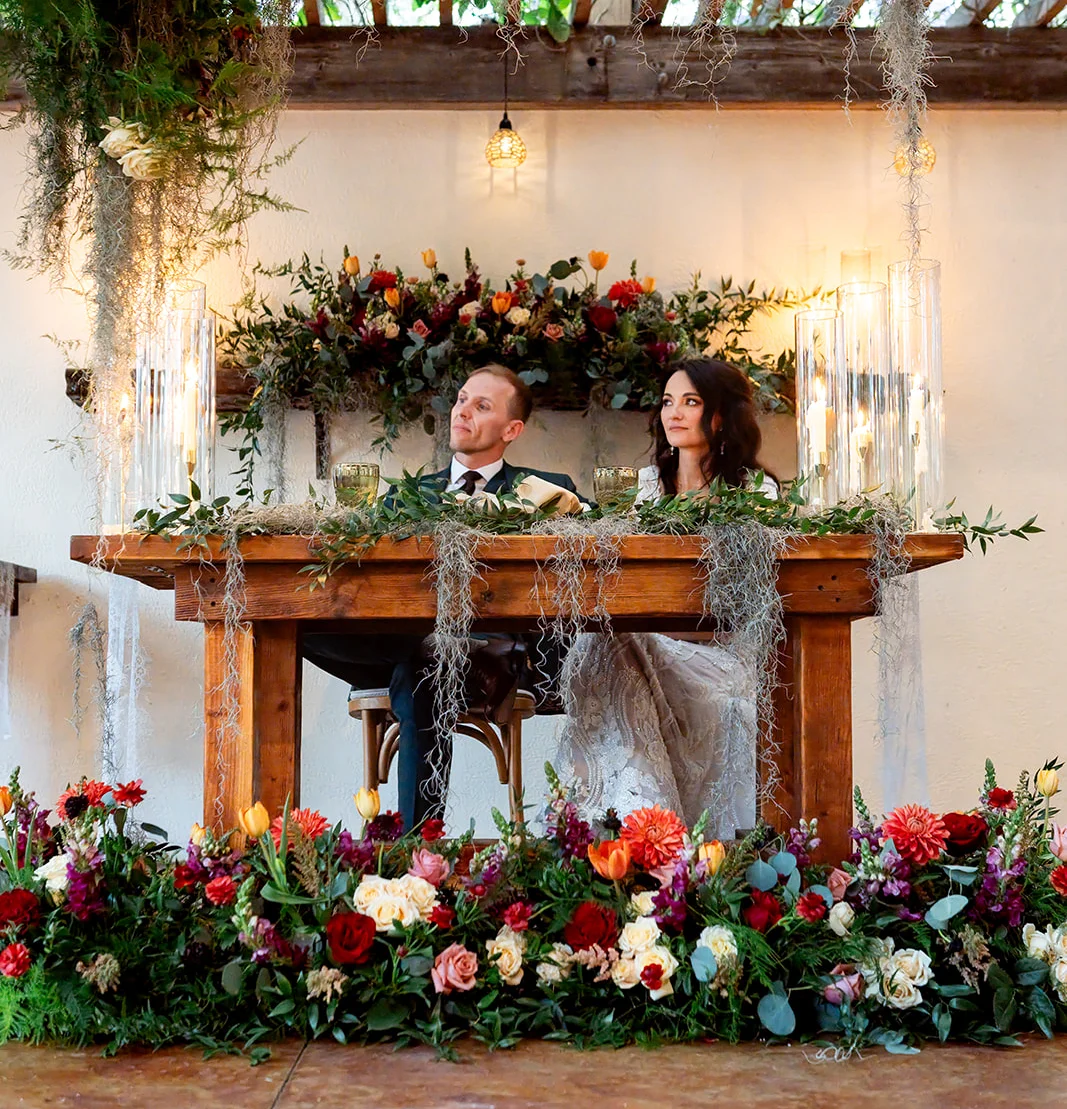 Elegant wedding reception table adorned with flowers and candles