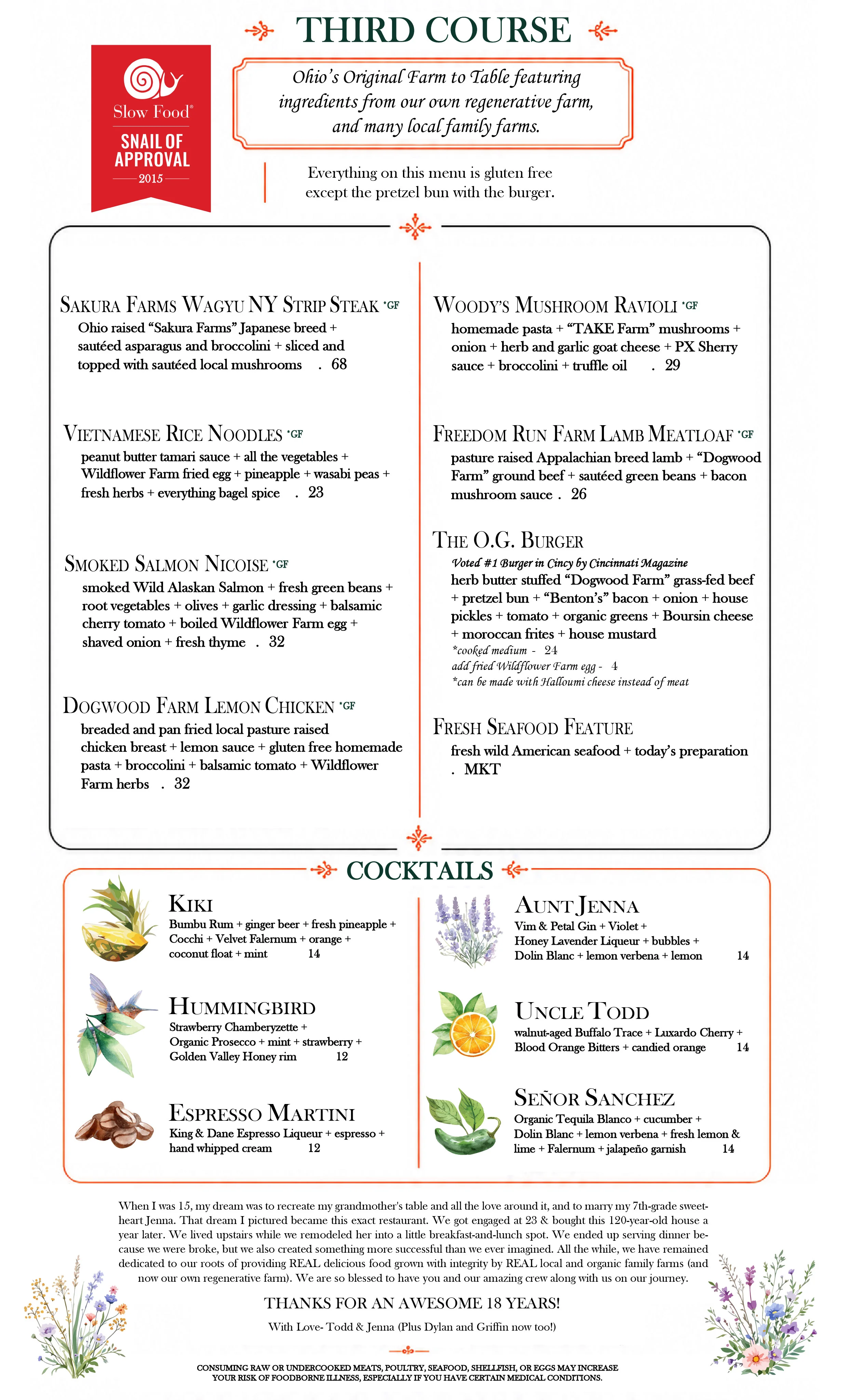 Menu from The Wildflower Café featuring first and second course options.