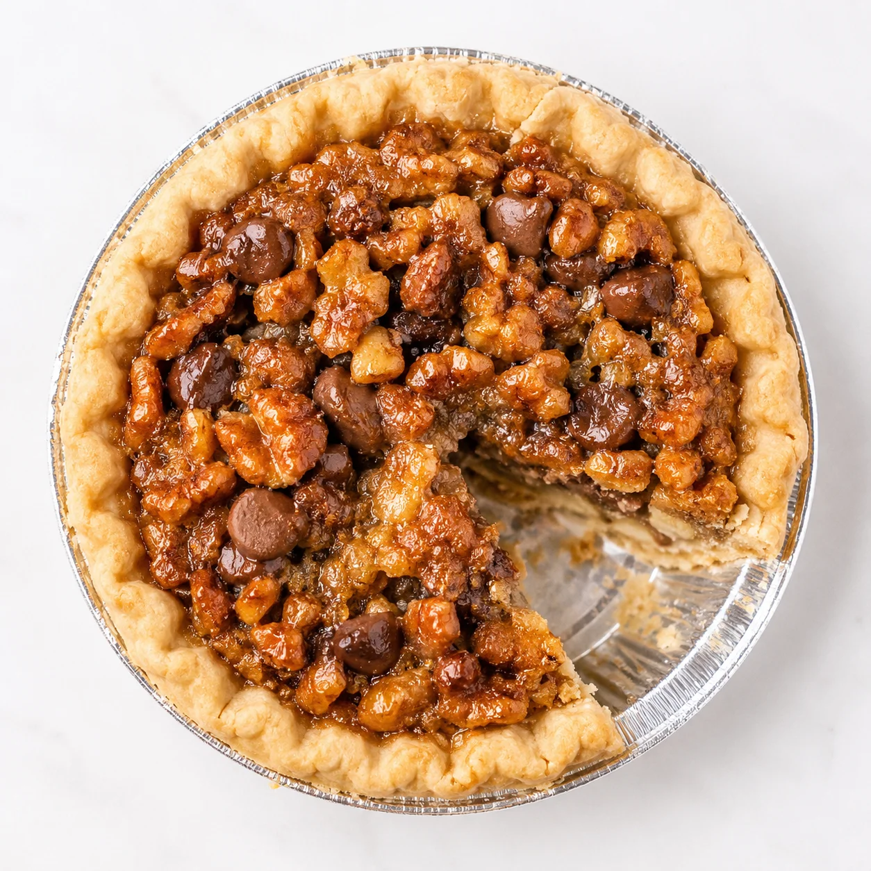 Pecan pie with chocolate chips in a silver pie dish