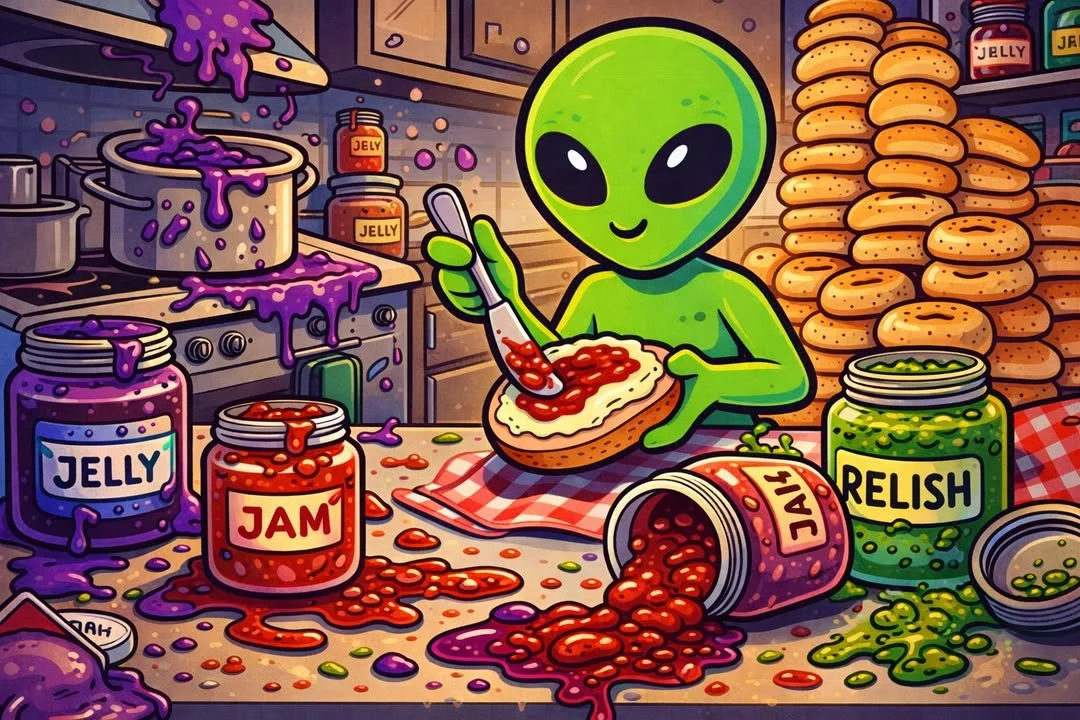 Alien preparing a bagel with jelly in a colorful kitchen