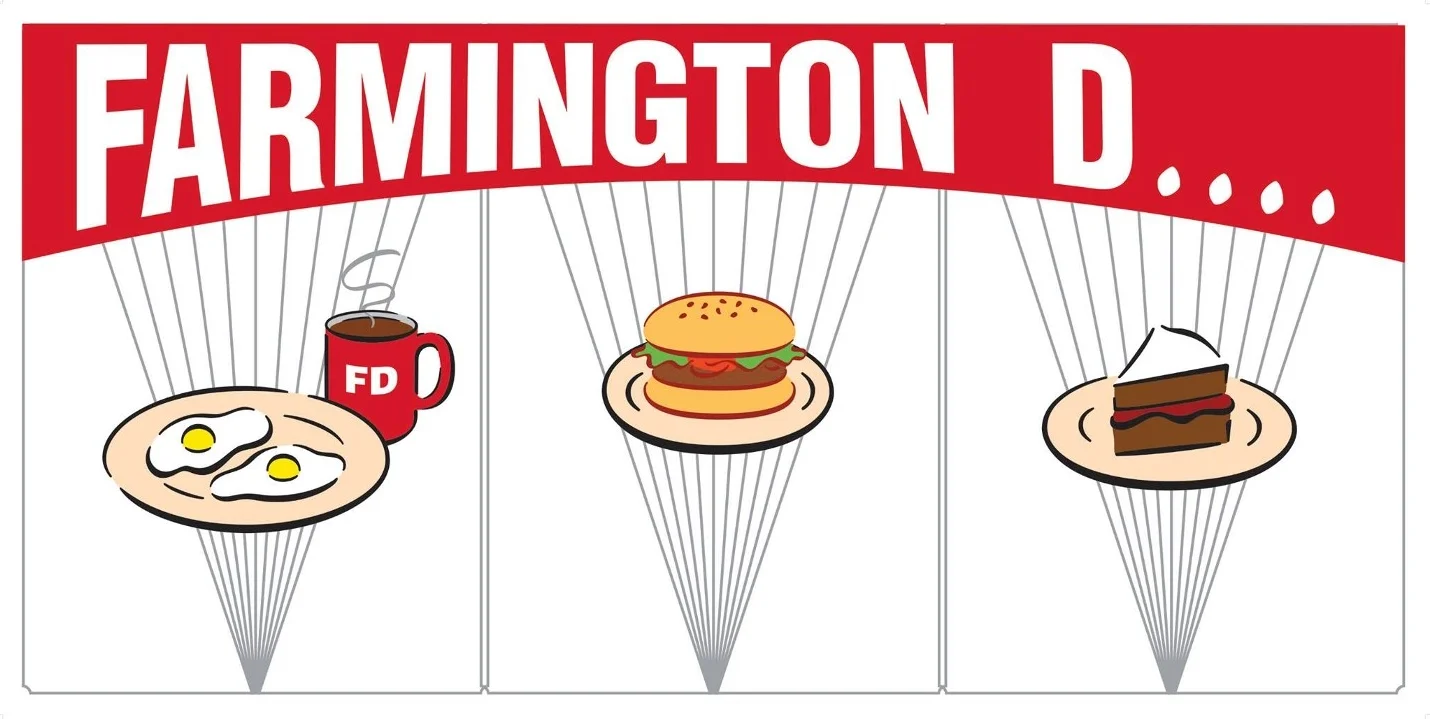 Classic American diner breakfast with eggs, burger, and dessert