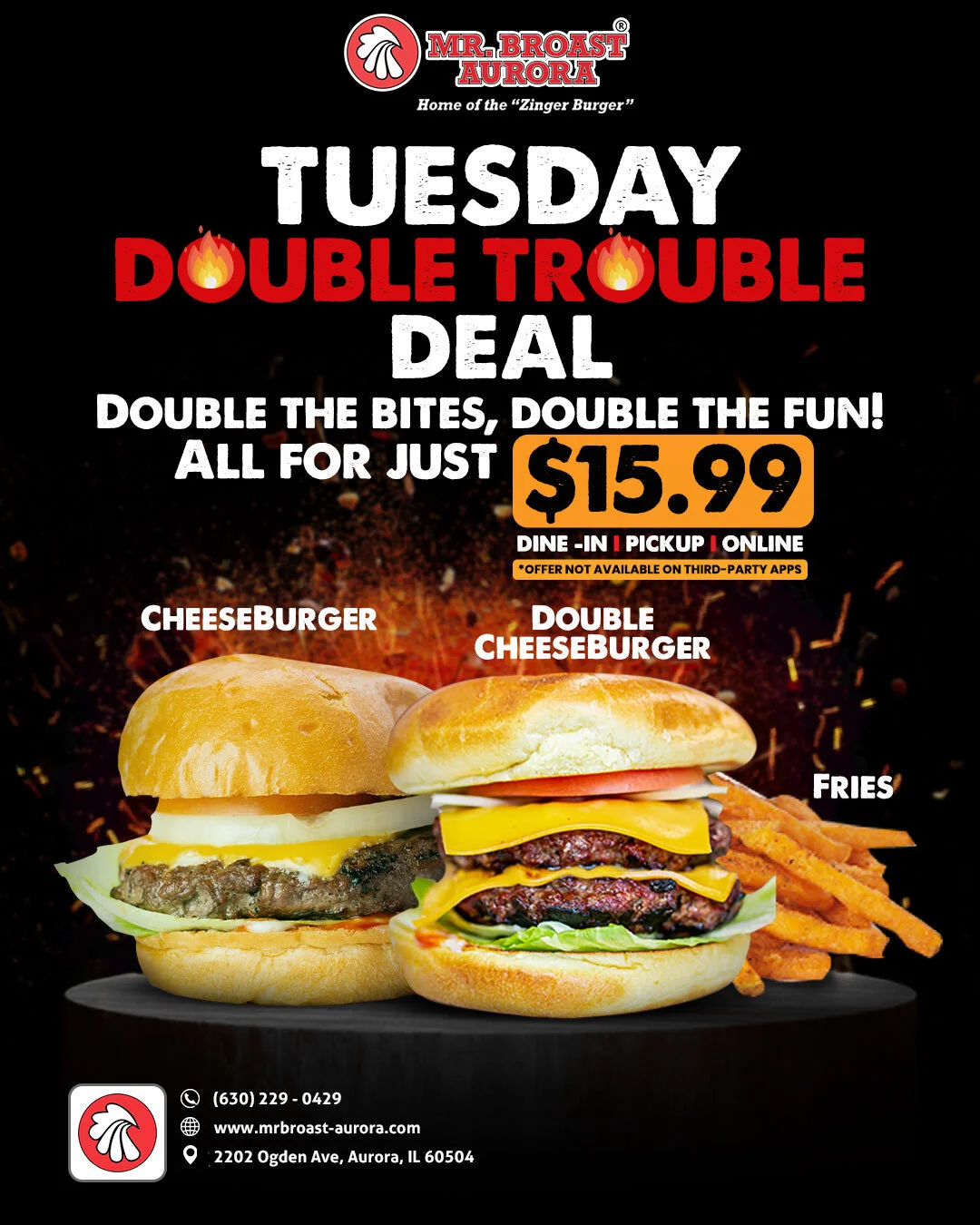 Tuesday Double Trouble Deal: Cheeseburger, Double Cheeseburger, and Fries for $15.99