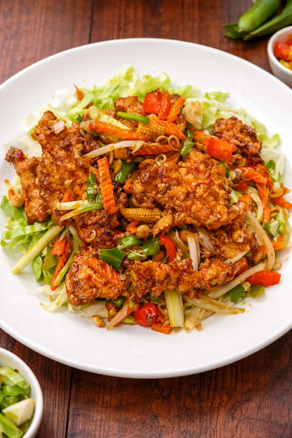 Crispy sesame chicken on a bed of mixed vegetables