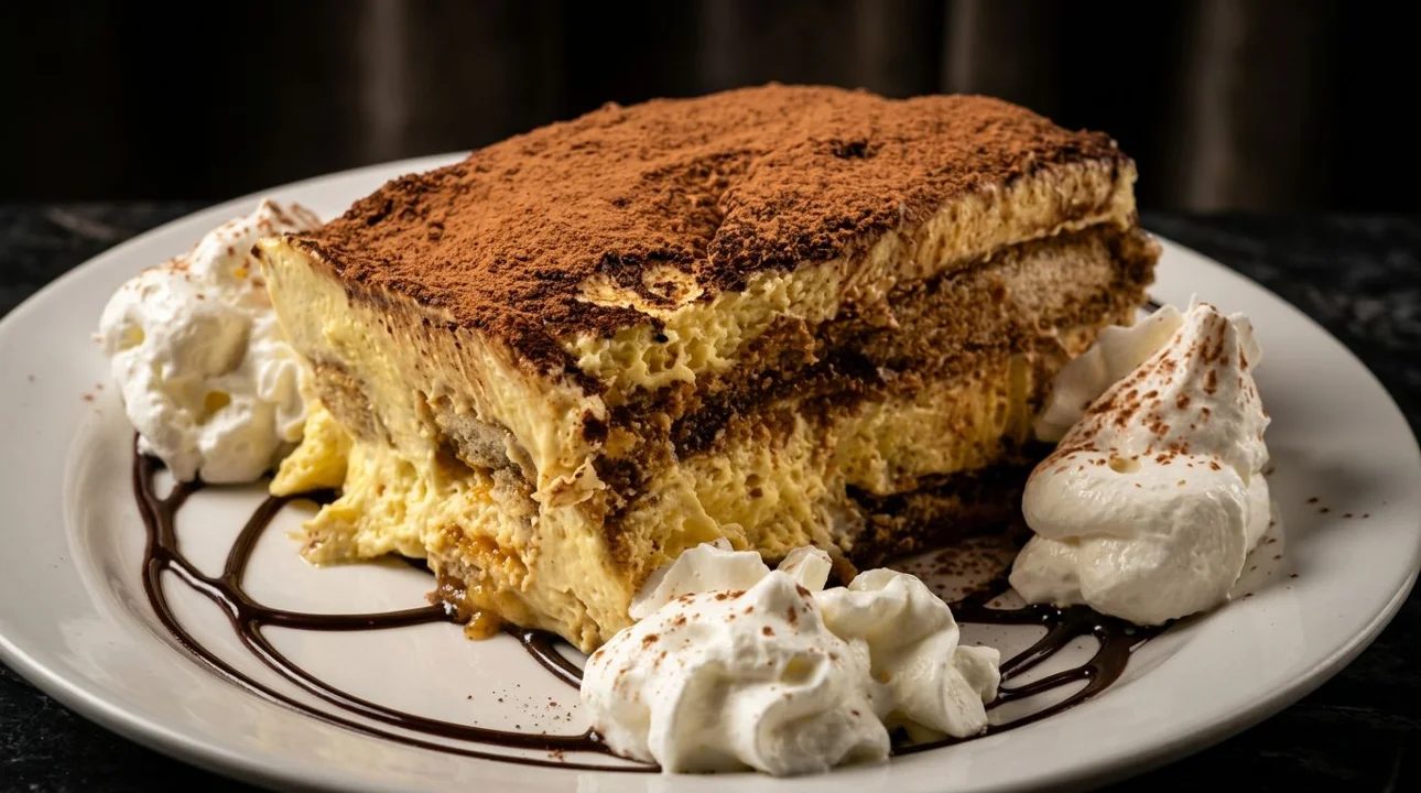 A slice of tiramisu dessert served on a plate, garnished with whipped cream and drizzled chocolate, showcasing layers of cream and coffee-soaked cake.