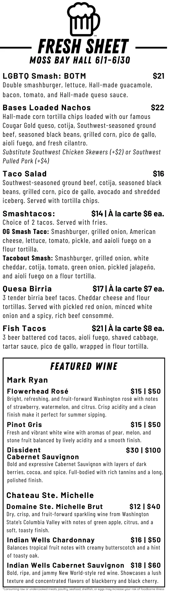 Menu highlights for April featuring various dishes and specials.