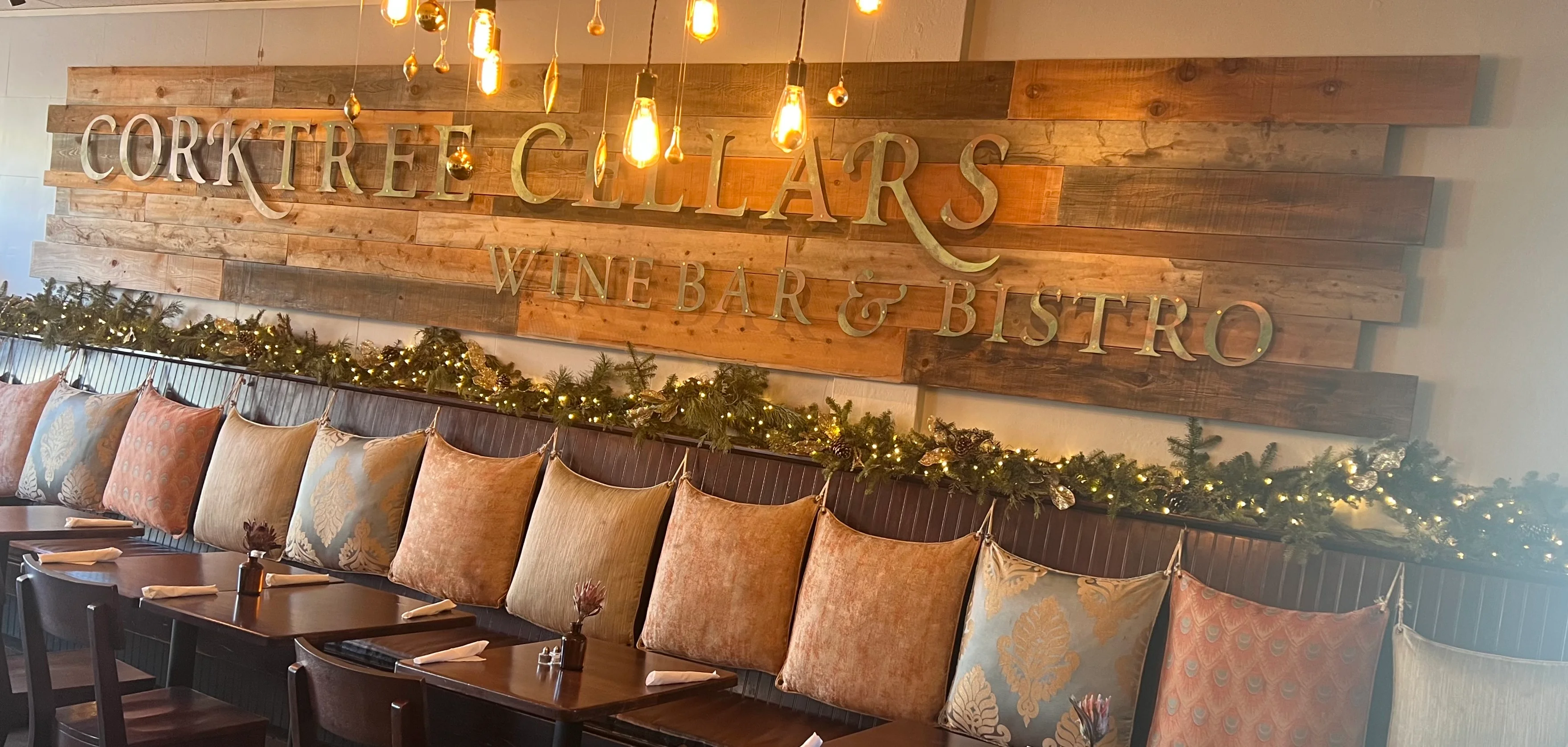 Cozy wine bar interior with rustic decor and warm lighting