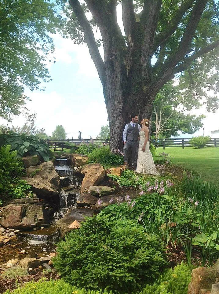 Couple in wedding attire by a serene garden waterfall