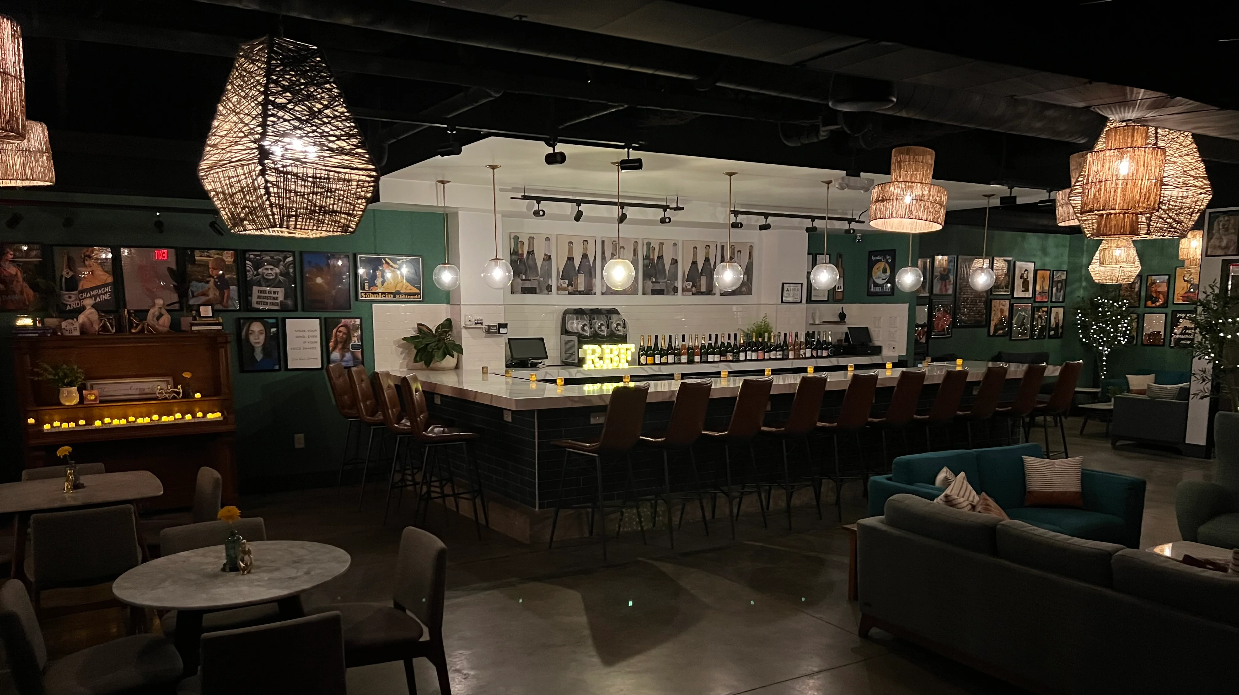 Stylish restaurant interior with bar and cozy seating
