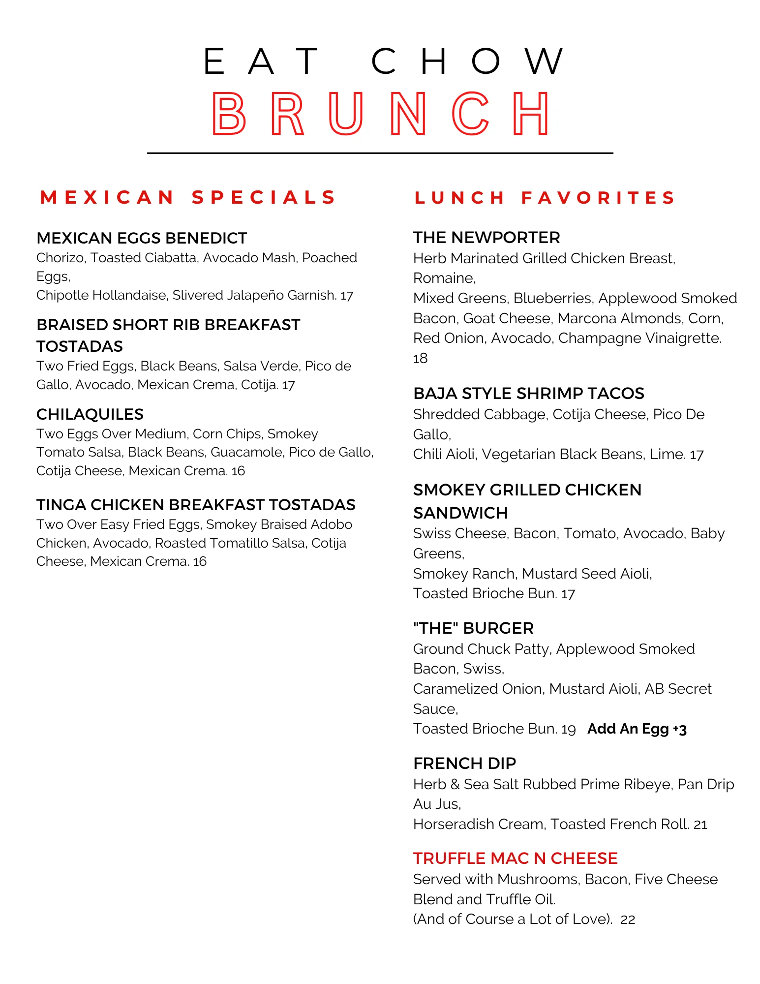 Brunch menu featuring Mexican and American dishes