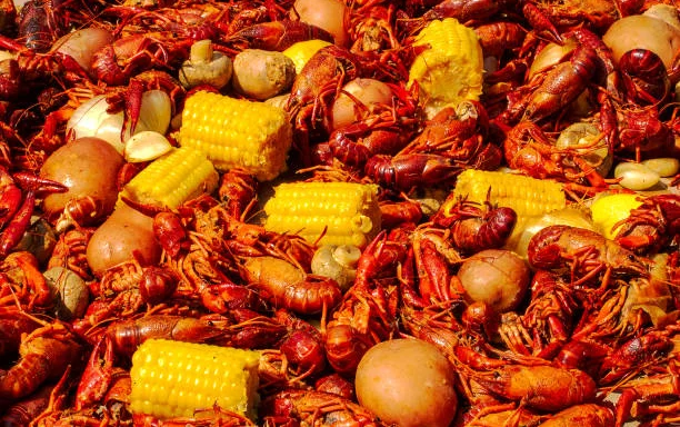Louisiana crawfish boil with corn and potatoes