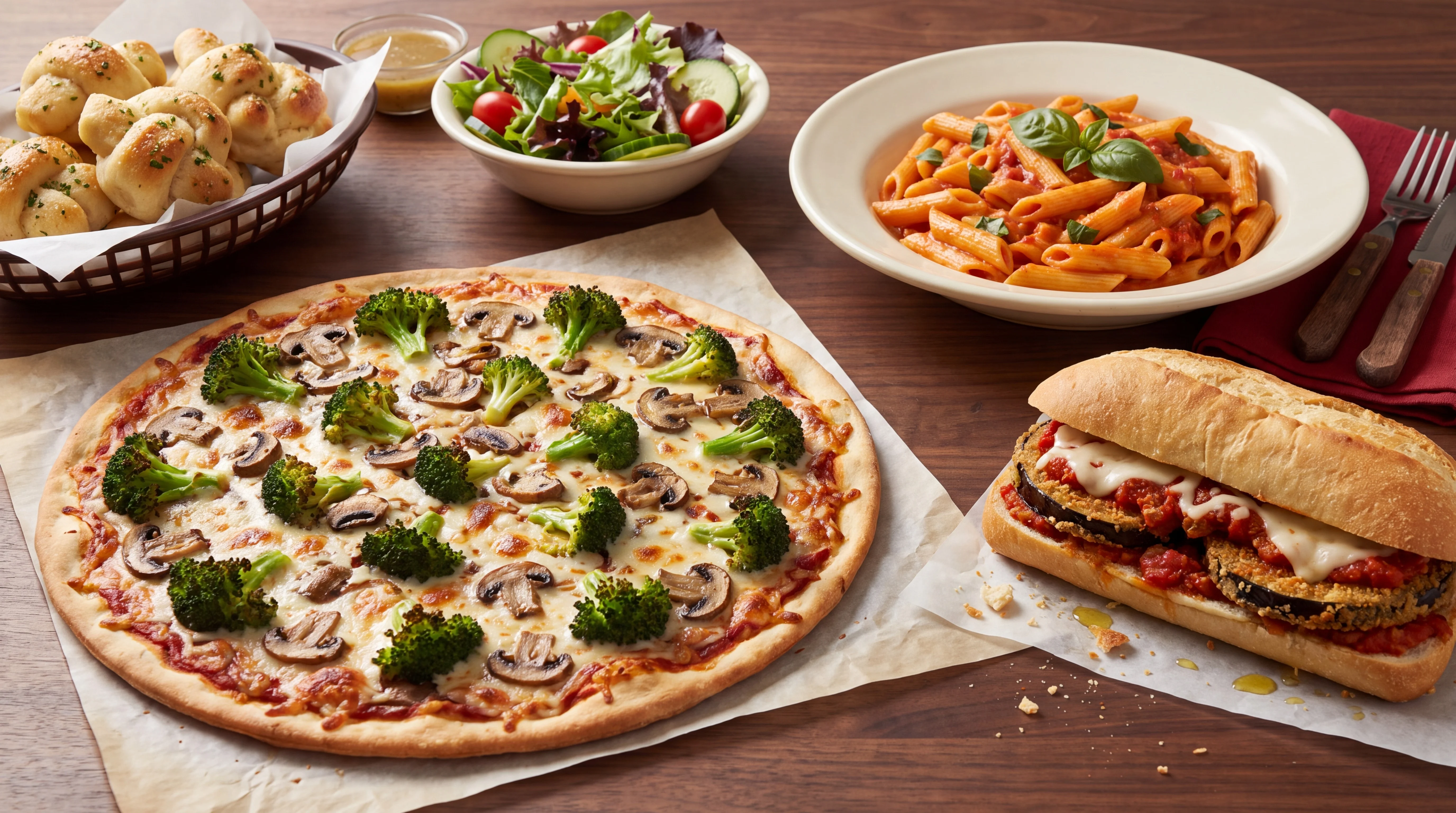 Vegan pizza, eggplant parm hero, penne, salad and garlic knots