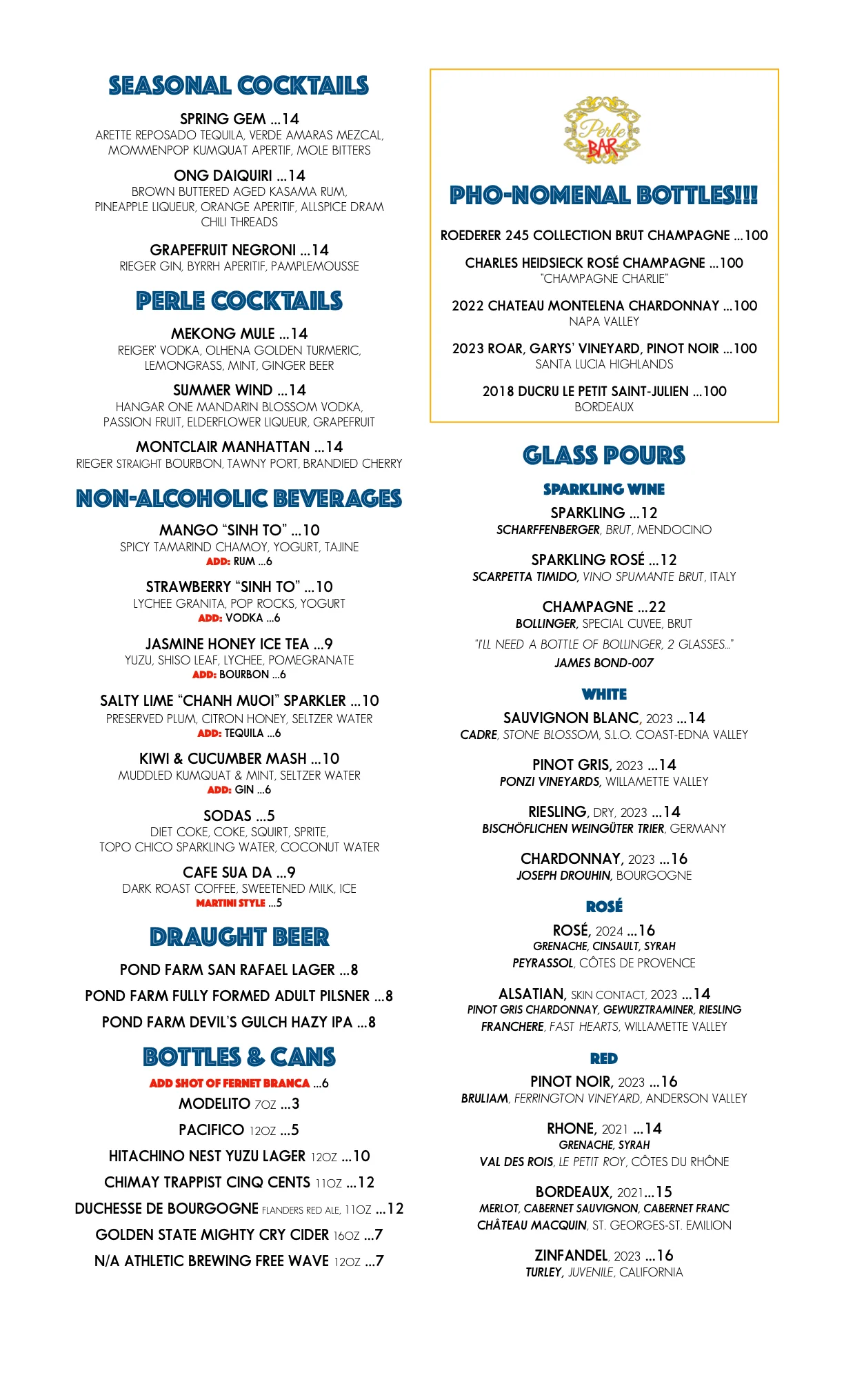 Menu featuring a variety of beverages at Perle Bar.