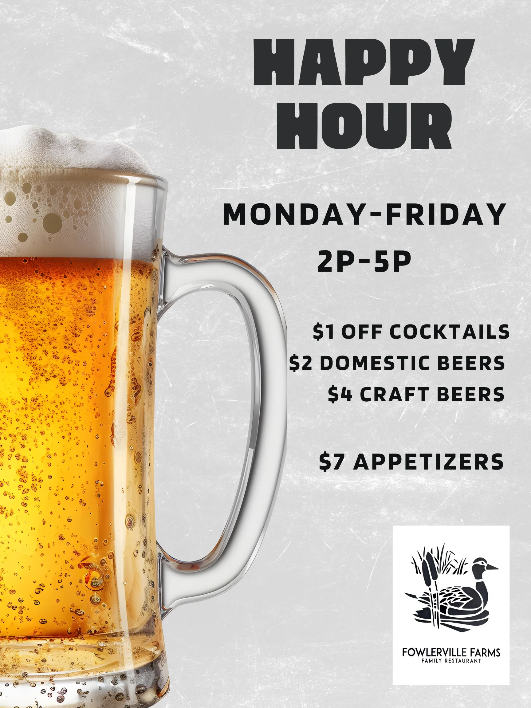 Happy hour promotions at a family restaurant with beer and appetizers