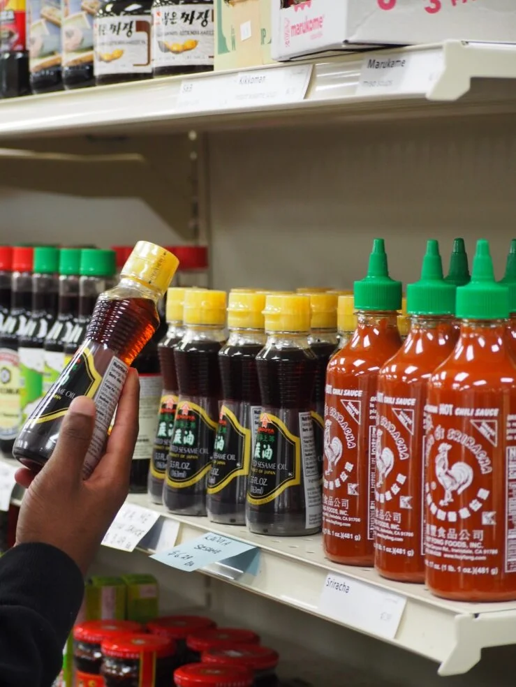 Image of sauces on the shelves  