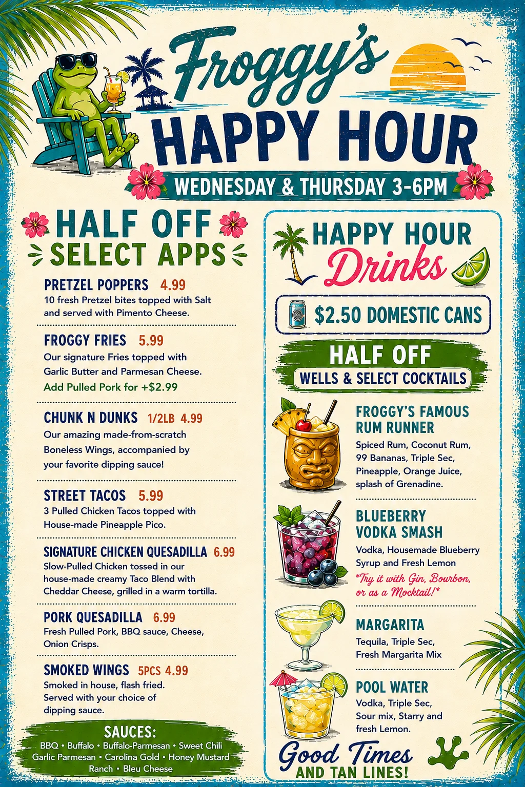 Froggy's Happy Hour menu featuring food and drink specials.