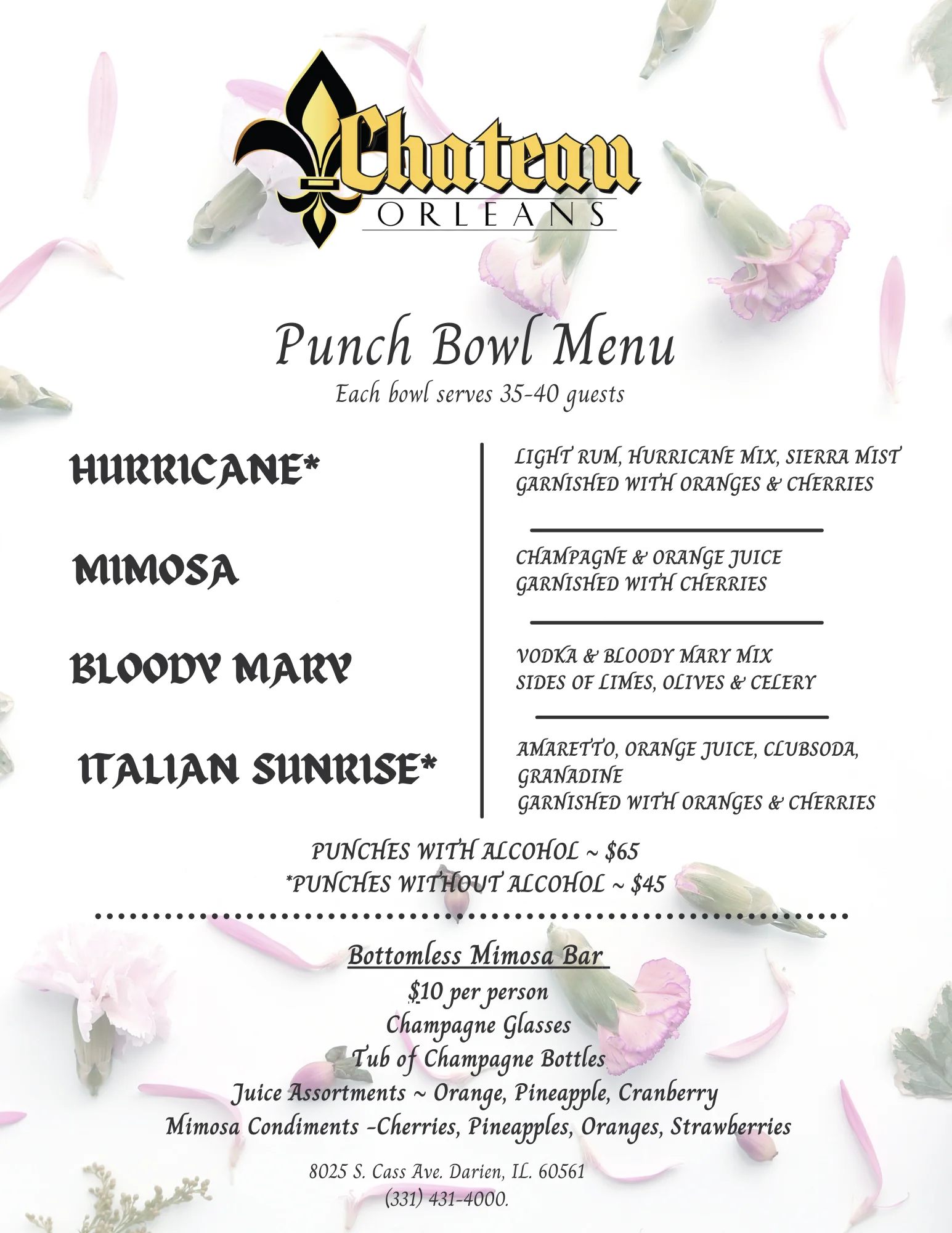 Punch bowl menu featuring cocktails for events