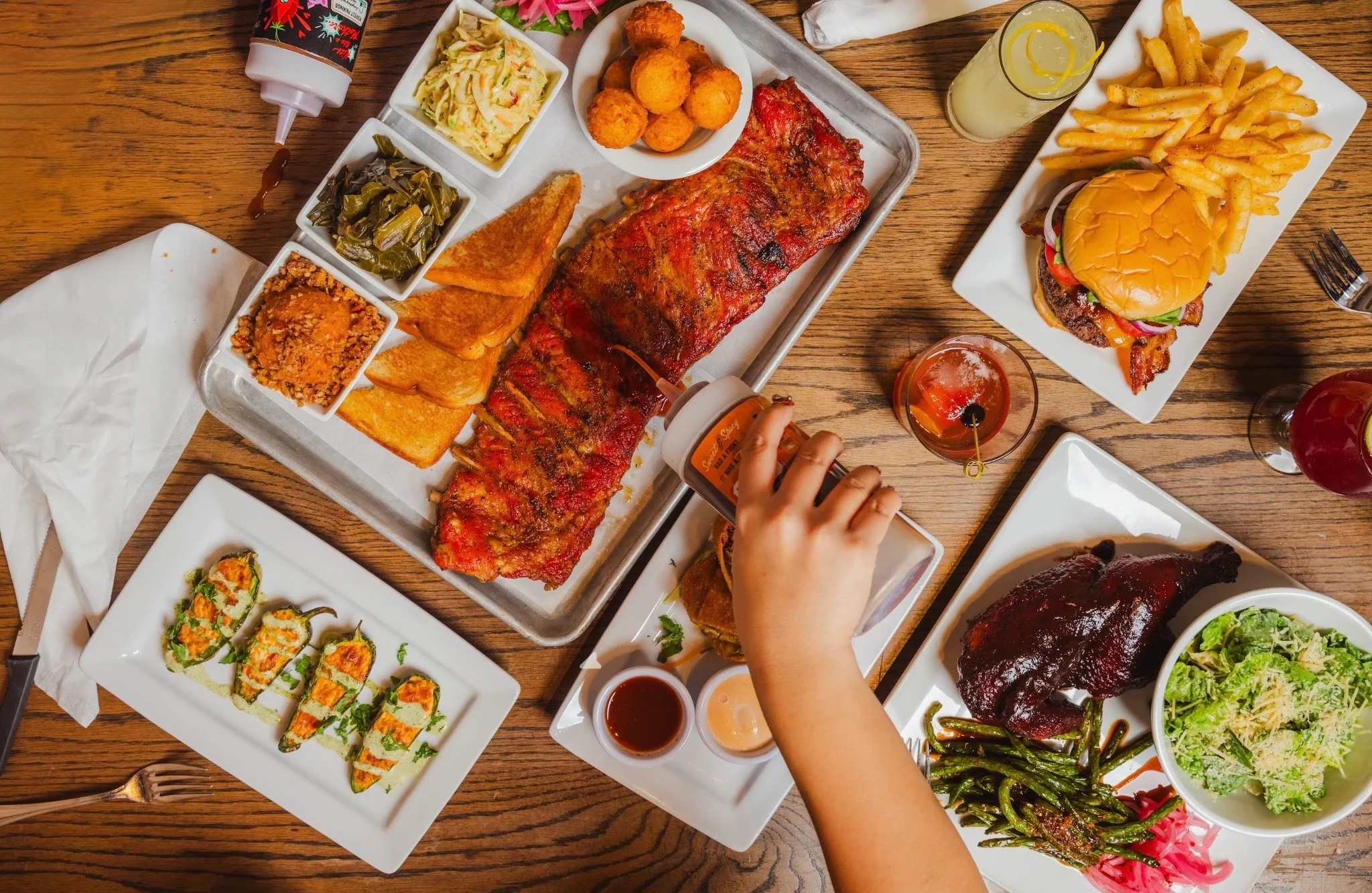 Southern barbecue platter with ribs and sides