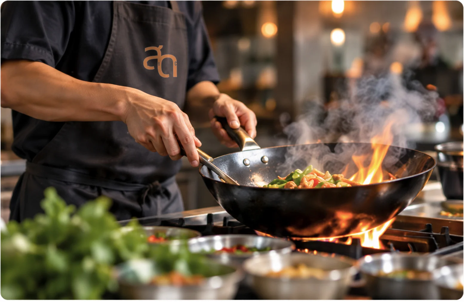 Chef stir-frying vegetables in a wok over an open flame