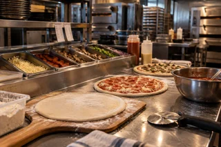 Pizza preparation station with fresh ingredients and dough in a restaurant kitchen