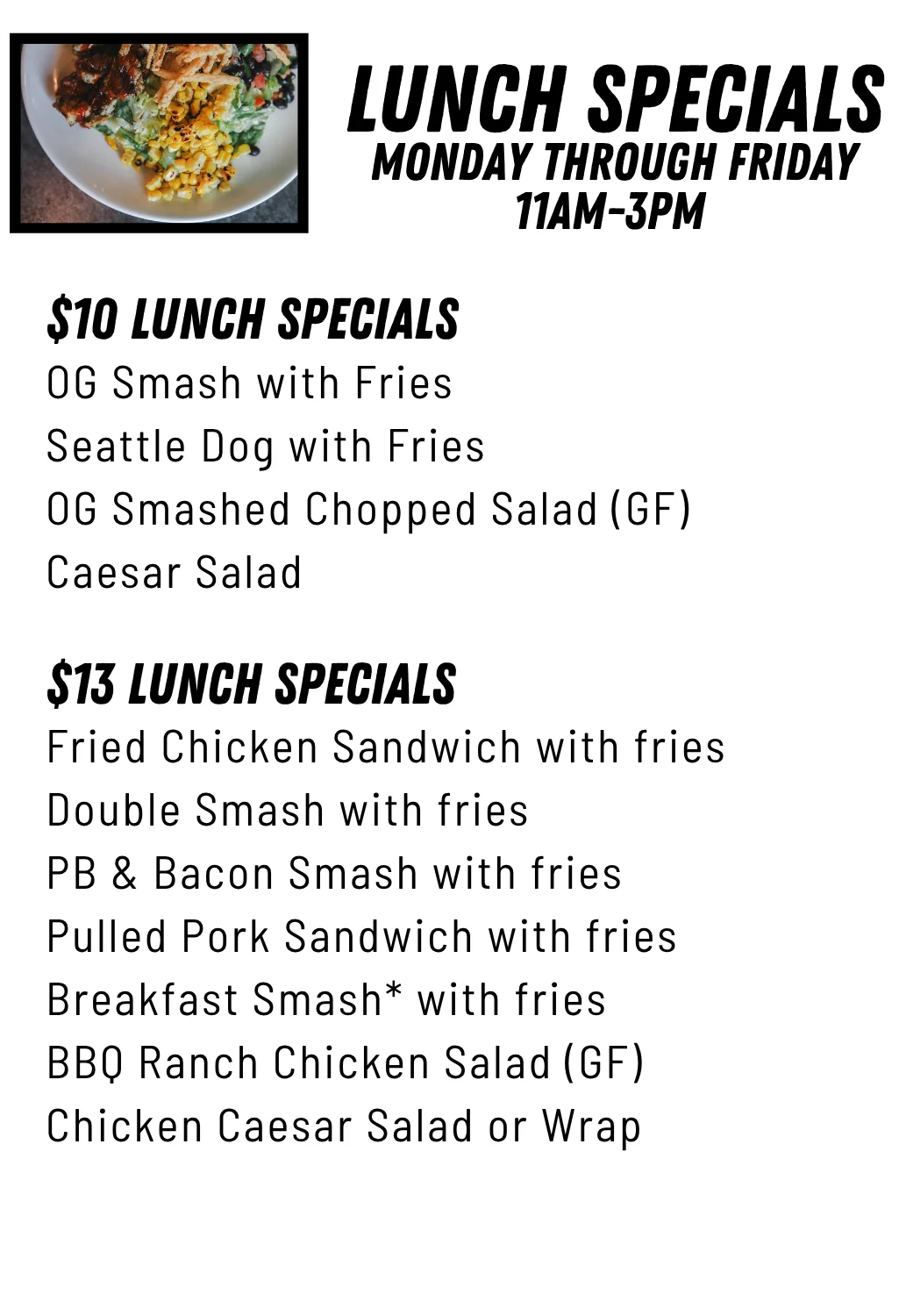 Lunch specials menu featuring sandwiches and salads