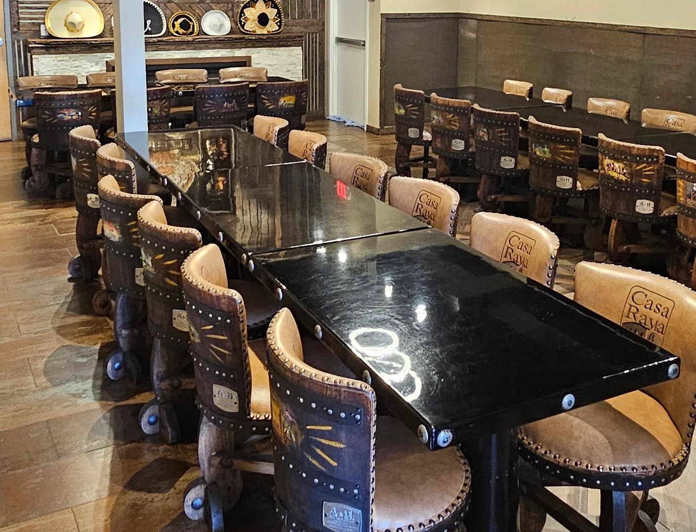 Stylish restaurant interior with wooden tables and unique decor