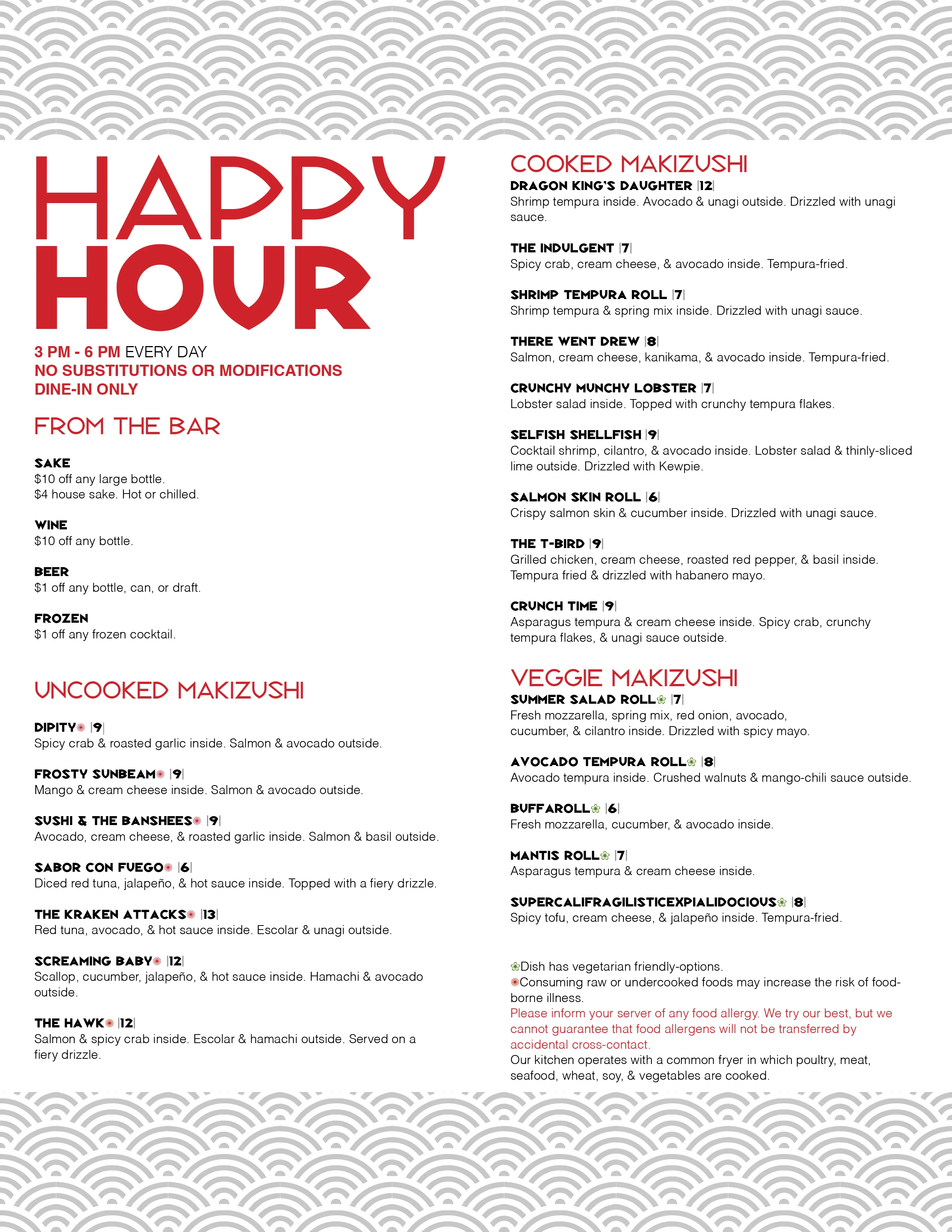 Happy hour menu featuring Japanese makizushi and drinks