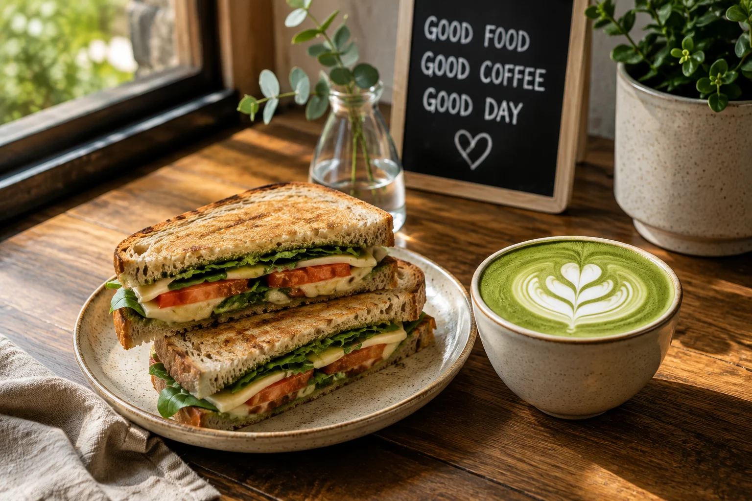Grilled vegetable sandwich with matcha latte
