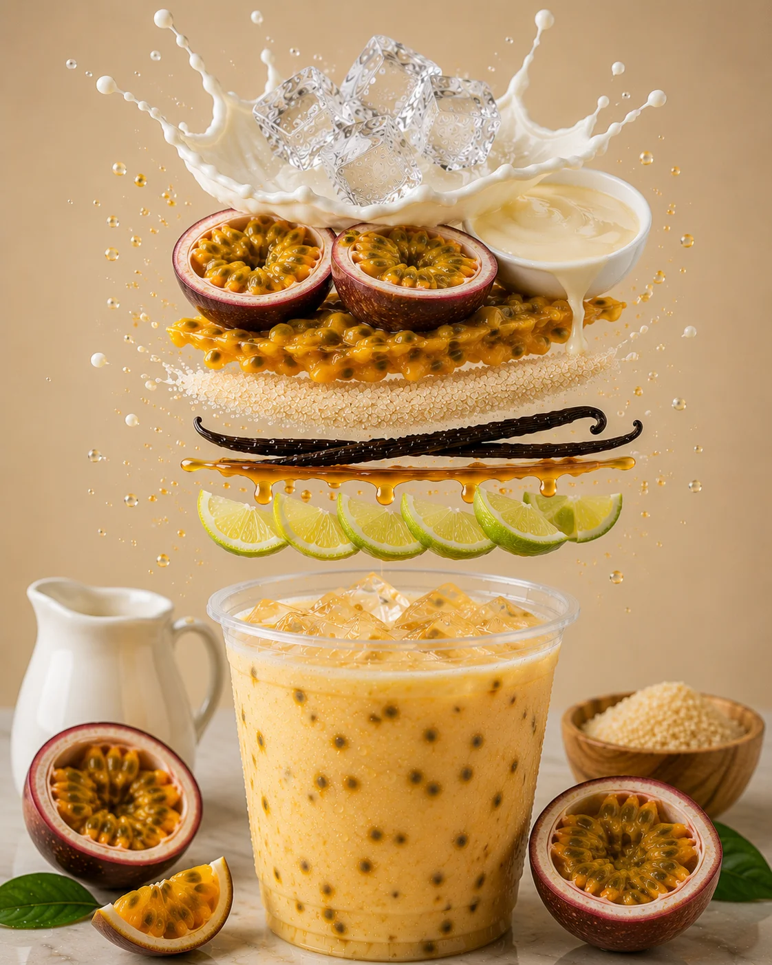 A colorful drink featuring layers of ingredients including passion fruit, lime, and ice. The drink is served in a clear cup surrounded by fresh fruits.
