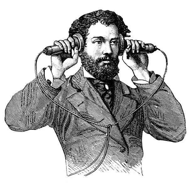Vintage illustration of a man using early headphones