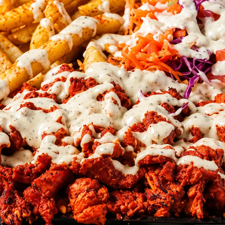 A food tray filled with spicy chicken, drizzled with sauce, alongside crispy fries and a fresh salad.