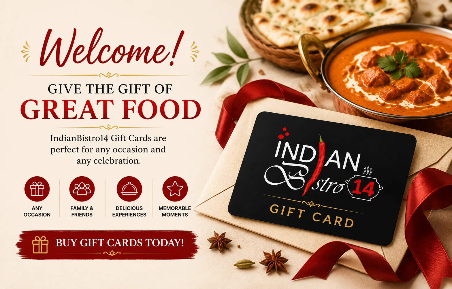 IndianBistro14 gift cards for Indian food in Arlington TX