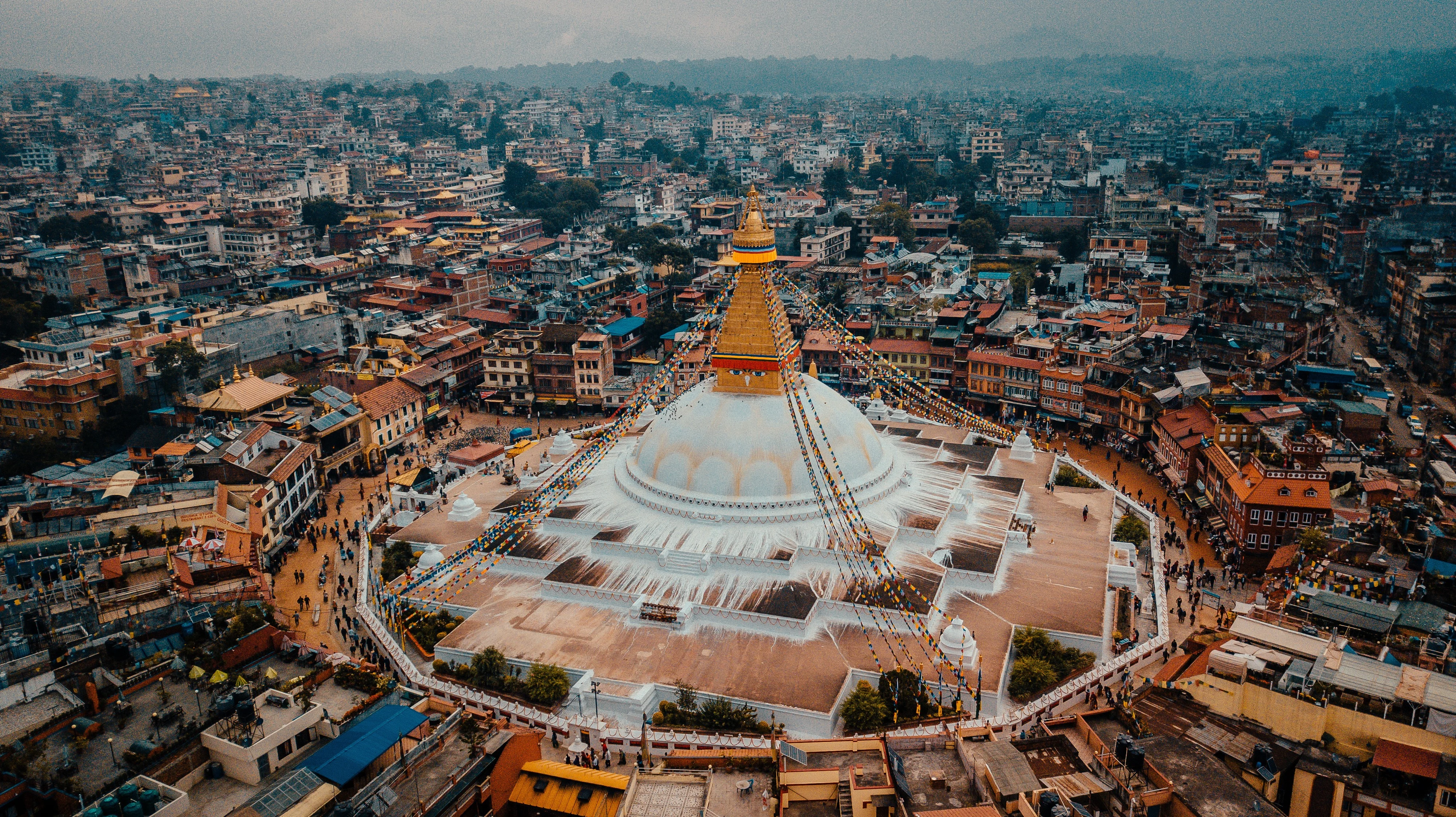 Aerial view of Boudhanath Stupa in Kathmandu, Nepal