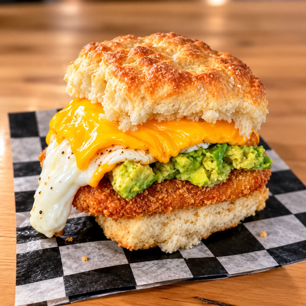 Southern-style fried chicken biscuit sandwich with egg, cheese, and avocado