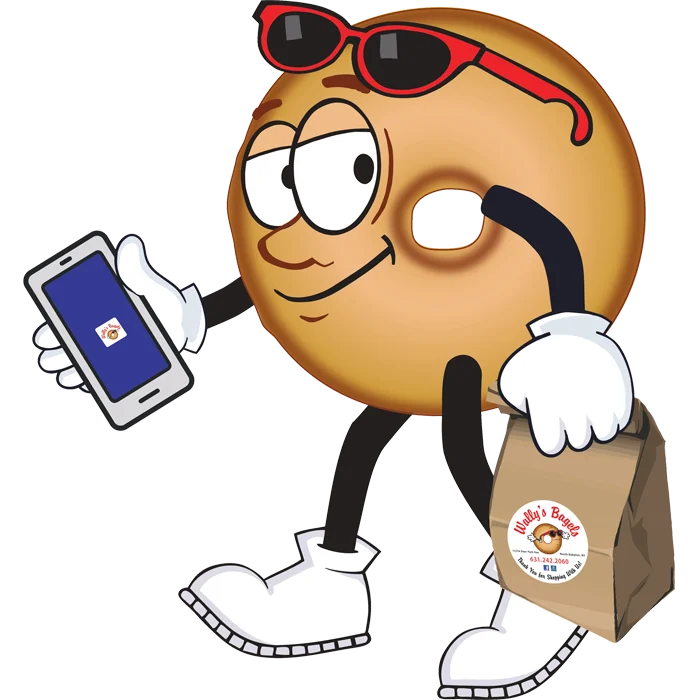 Cartoon donut character with phone and bag
