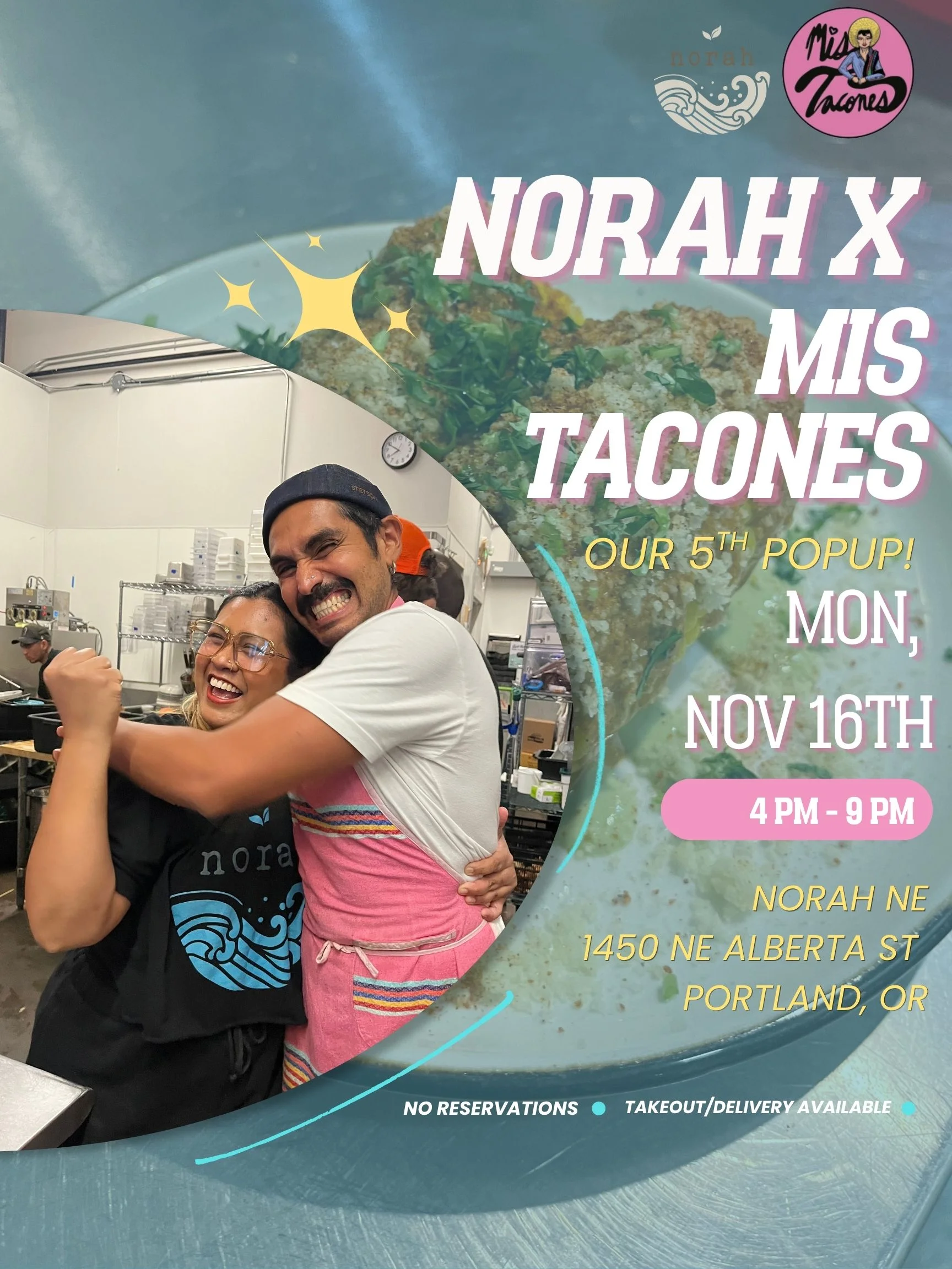 Restaurant pop-up poster featuring chefs, plated tacos, and event details