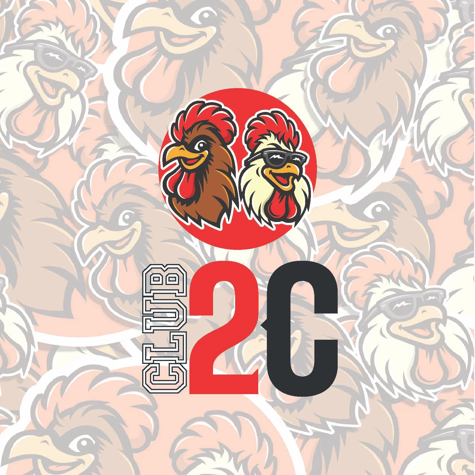 Colorful cartoon rooster pattern on a red background