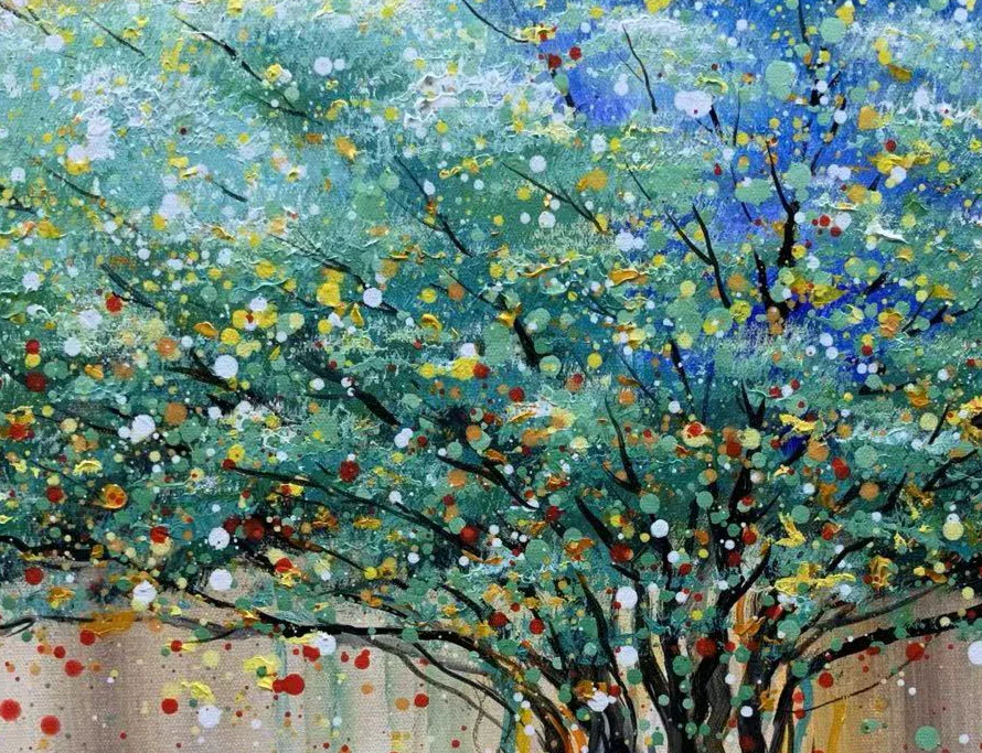 Vibrant abstract painting of a tree with colorful splashes