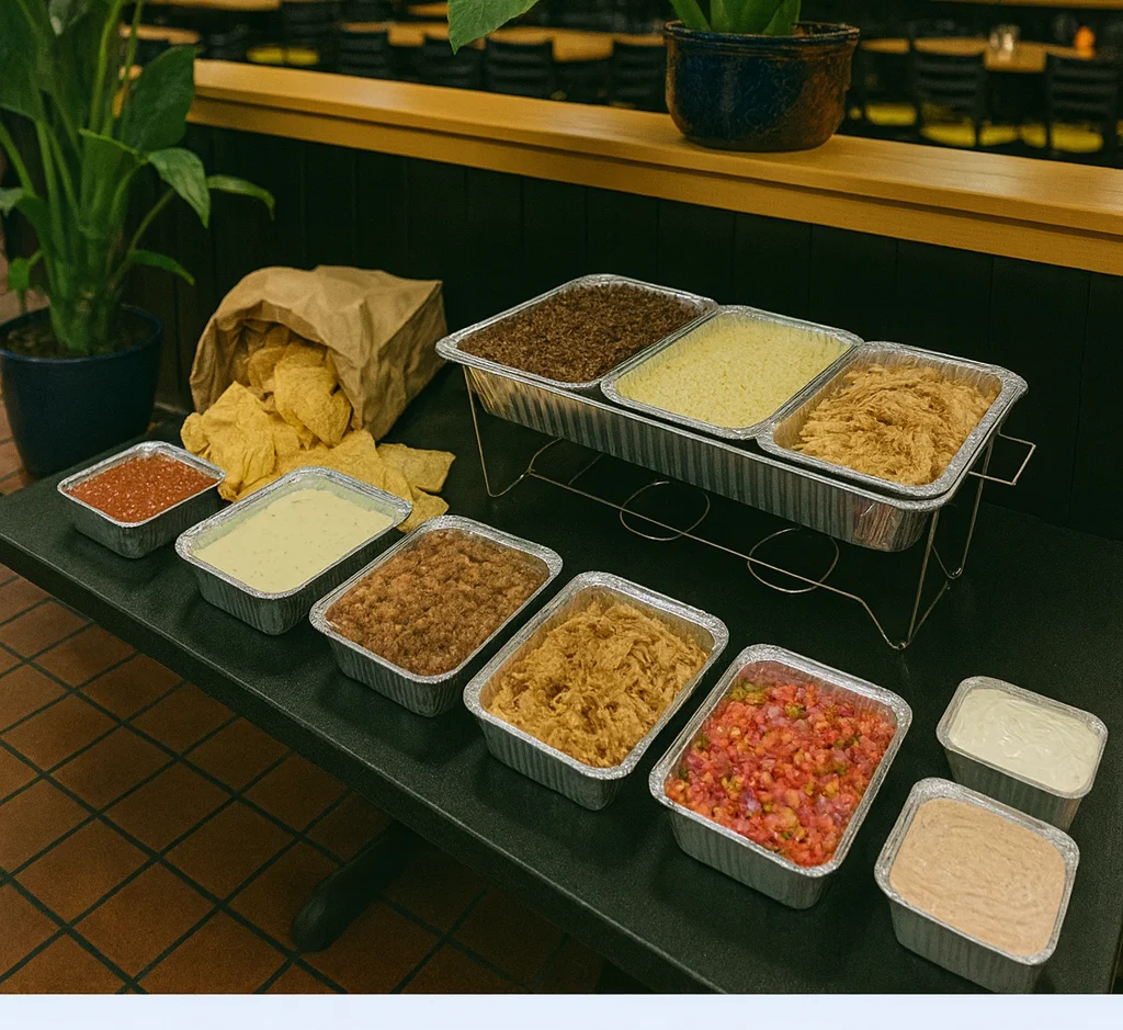 Mexican taco bar with various toppings and sides