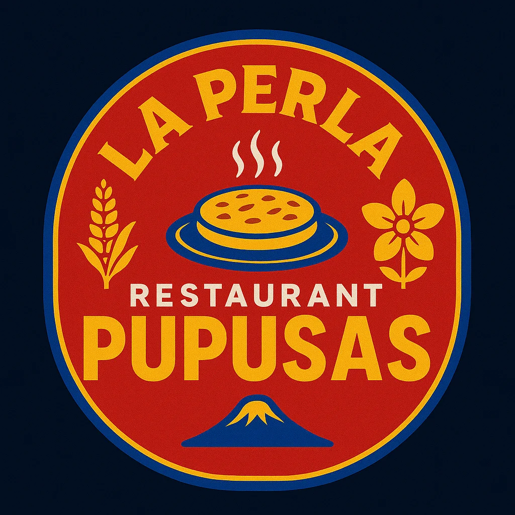 Colorful logo for La Perla restaurant featuring pupusas