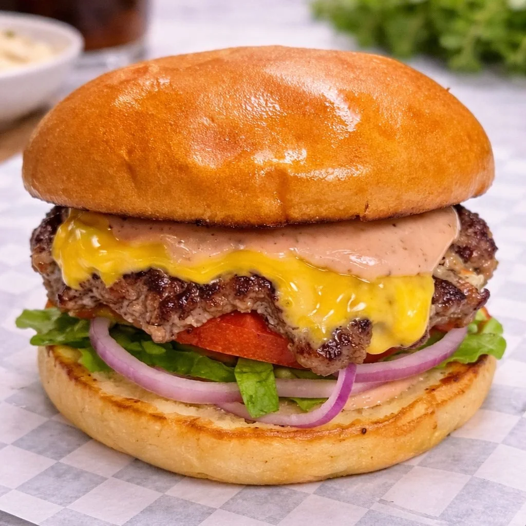 A delicious classic smash burger with toppings on a wooden table.