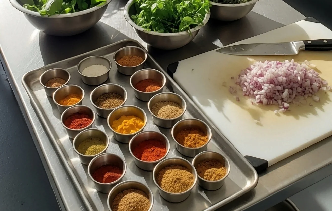 Vibrant kitchen setup with fresh vegetables and spices for cooking