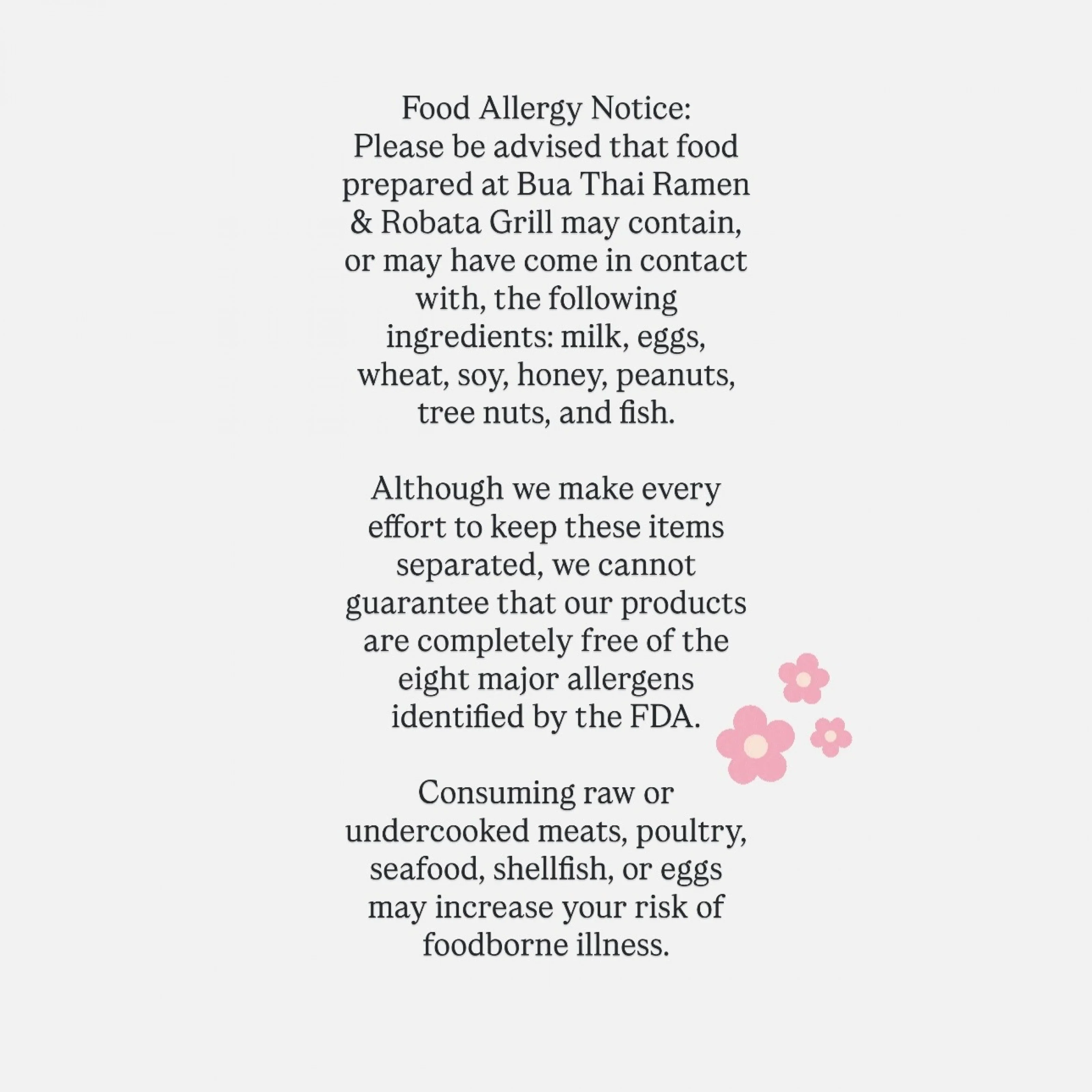 Food allergy notice at a Thai restaurant
