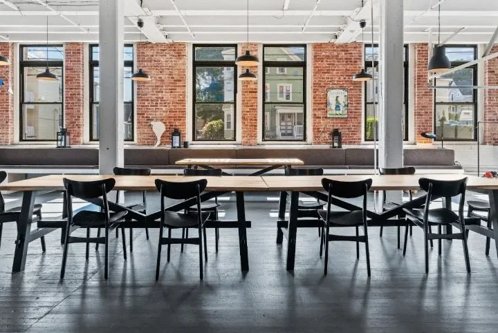 Cozy restaurant interior with modern design and exposed brick walls