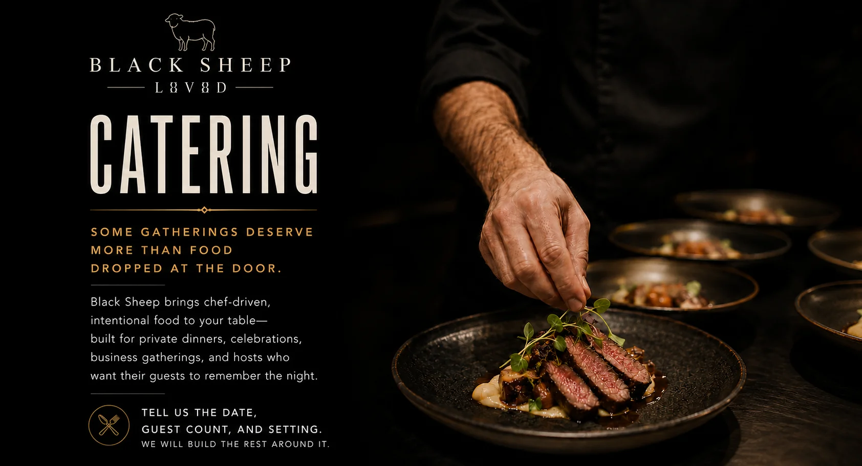 Chef plating gourmet steak dish for catering event