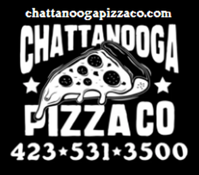 A logo featuring a slice of pizza with melting cheese, accompanied by the business name and contact information in bold text.