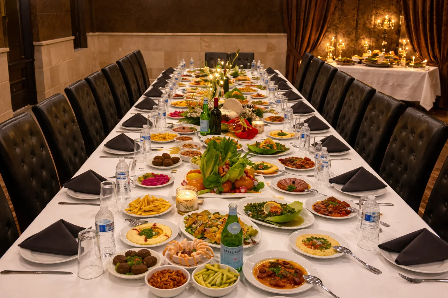 Lavish Middle Eastern feast with assorted dishes and vibrant decor