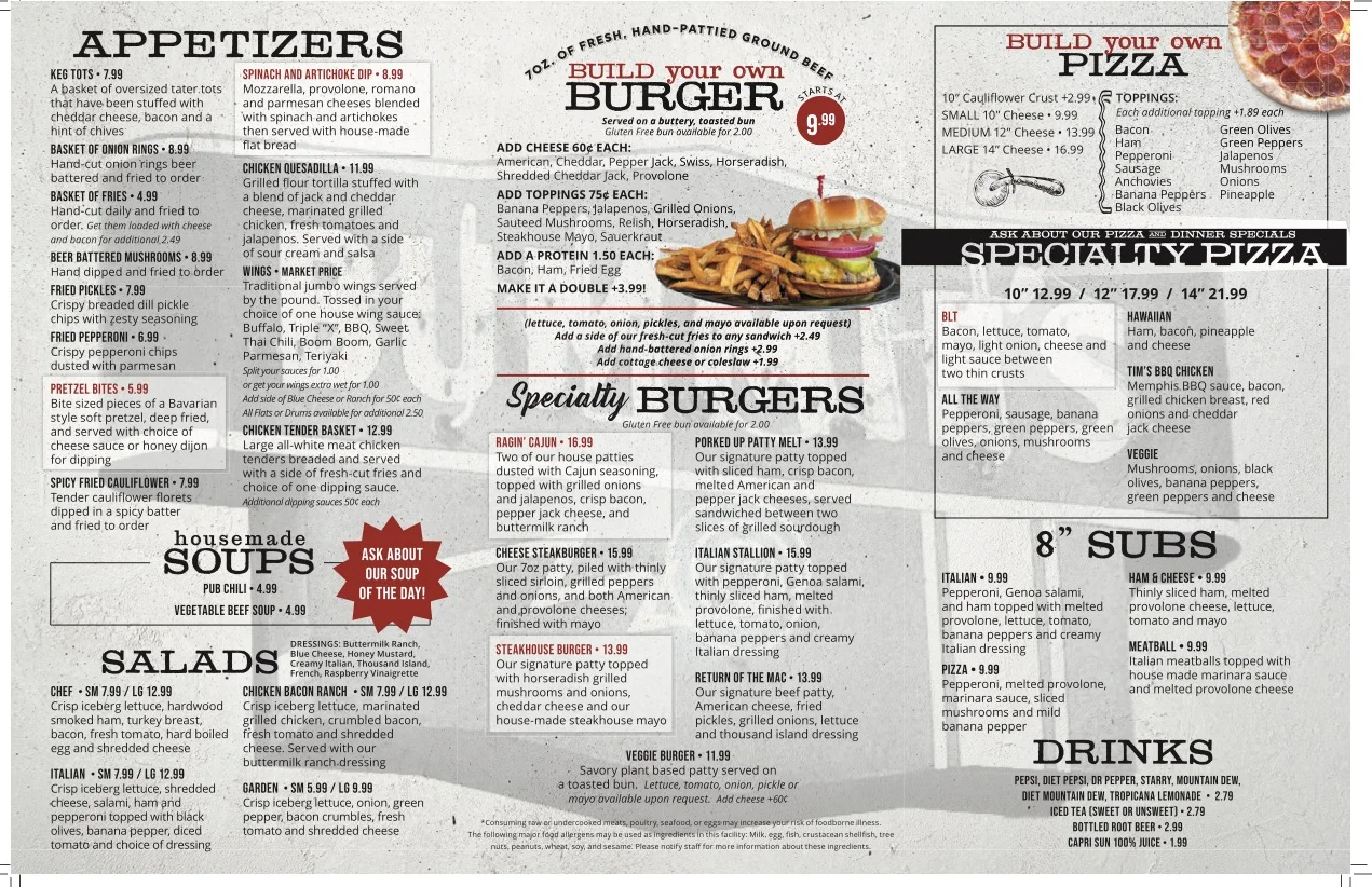 Please note we are currently only offering Online Ordering and Carry Out for Pizza, Salads and Subs. If you are interested in placing a carry out order from the grill, you will need to come in and place the order in person! Thank you for your continued support! ~Tim & Christin~