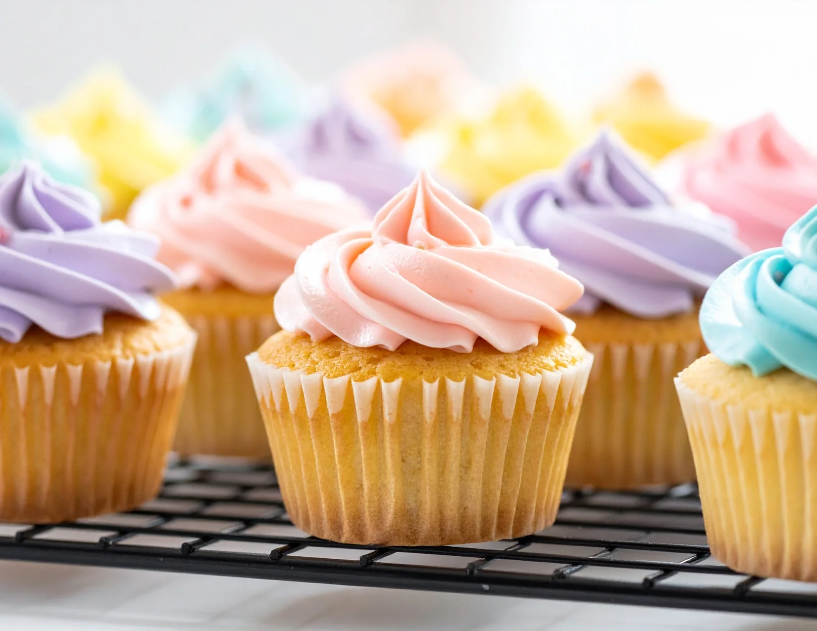 Colorful cupcakes with swirled frosting on a cooling rack